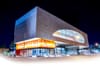 A night shot of the outside of the new main Library in Downtown Riverside.
